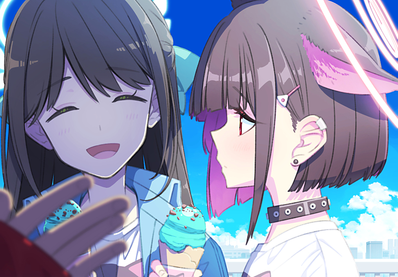 2girls airi_(band)_(blue_archive) airi_(blue_archive) animal_ears black_hair blue_archive blue_jacket blue_sky brown_hair cat_ears colored_inner_hair commentary ear_piercing earrings halo holding holding_ice_cream_cone ice_cream_cone jacket jewelry kazusa_(band)_(blue_archive) kazusa_(blue_archive) long_hair looking_at_another multicolored_hair multiple_girls piercing pink_hair pov pov_hands print_shirt red_eyes sakuraba_yuuki shirt short_hair sky skyline stud_earrings studded_choker t-shirt upper_body white_shirt yoshimi_(band)_(blue_archive) yoshimi_(blue_archive)