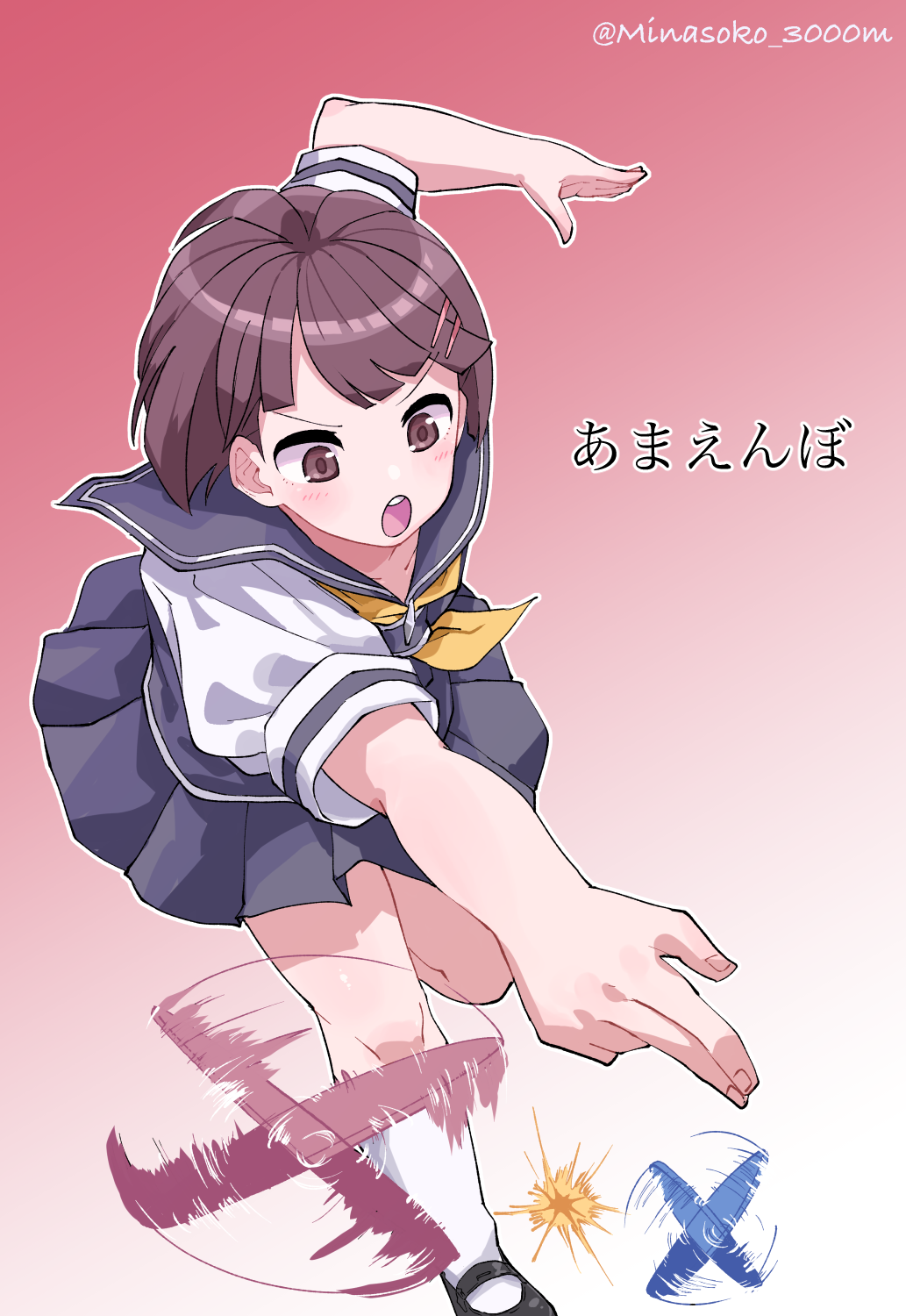 1girl :o akari_(summer_memories) artist_name black_skirt brown_eyes brown_hair character_request gradient_background highres mary_janes minasoko_3000m neckerchief red_background school_uniform serafuku shoes short_hair skirt socks solo summer_memories throwing white_socks yellow_neckerchief