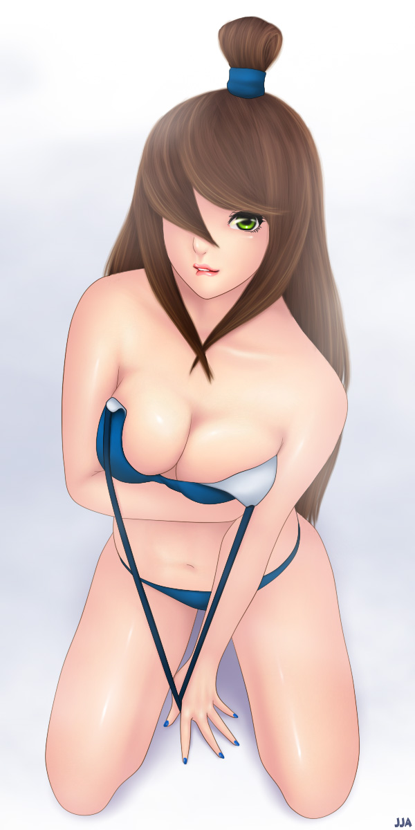1girl breasts female_focus full_body green_eyes hair_over_one_eye highres khalitzburg_(user_2274420) kneeling large_breasts long_image looking_at_viewer midriff nail_polish naruto_(classic) naruto_(series) naruto_shippuuden solo swimsuit tall_image terumi_mei topknot white_background