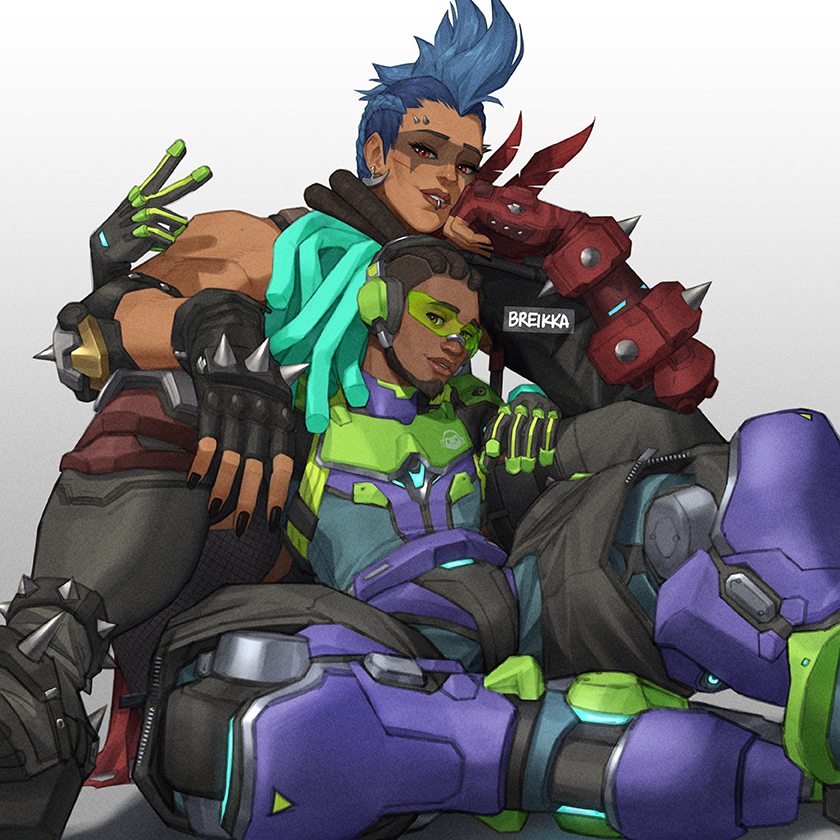 1boy 1girl armor artist_name bare_shoulders black_nails blue_hair breikka brown_hair dark-skinned_male dark_skin dreadlocks earrings elbow_pads face_piercing facepaint facial_hair fingerless_gloves gloves headphones holding jewelry junker_queen_(overwatch) lip_piercing long_hair lucio_(overwatch) mohawk multicolored_armor multiple_piercings muscular muscular_female overwatch overwatch_2 piercing ponytail red_eyes single_elbow_pad smile spiked_elbow_pads spikes studded_armlet studded_harness studded_thigh_strap thigh_strap