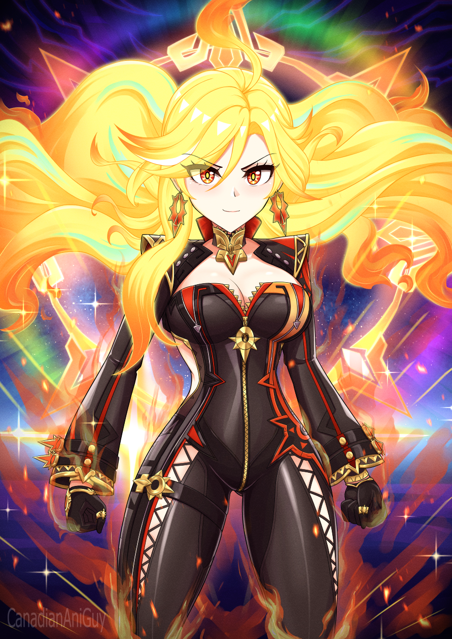 1girl ahoge artist_name biker_clothes bikesuit black_bodysuit black_gloves blonde_hair bodysuit breasts canadiananiguy cleavage closed_mouth eyebrows_hidden_by_hair eyes_visible_through_hair genshin_impact gloves highres large_breasts long_hair looking_at_viewer mavuika_(genshin_impact) multicolored_eyes multicolored_hair orange_eyes orange_hair smile solo standing thighs very_long_hair yellow_eyes