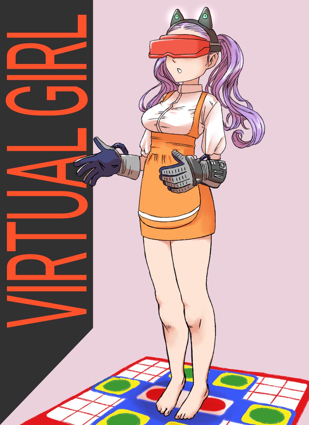 1girl animal_ear_hairband animal_ears anna_miller apron bangs_pinned_back barefoot black_hairband blouse breasts cat_ear_hairband cat_ears commentary english_text fake_animal_ears family_fun_fitness feet full_body game_console gloves grey_background hairband high_collar highres long_hair medium_breasts orange_apron orange_skirt original parted_lips playing_games power_glove_(nintendo) purple_hair shirt skirt solo standing sukerock360 suspender_skirt suspenders thighs toes underbust virtual_boy waist_apron waitress white_shirt