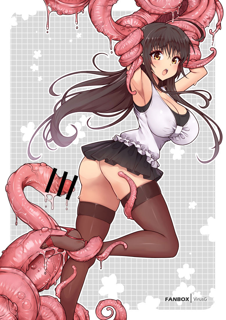 1girl arm_up armpits ass bar_censor black_hair black_skirt blush bound bound_arms breasts brown_eyes brown_thighhighs censored cleavage fanbox_username frilled_shirt frills high_heels kotegawa_yui large_breasts long_hair looking_at_viewer microskirt open_mouth penis_tentacle pleated_skirt pointless_censoring red_shoes restrained shirt shoes skirt sleeveless sleeveless_shirt solo standing standing_on_one_leg stiletto_heels t-shirt tentacles thighhighs thighs to_love-ru virus-g yellow_eyes