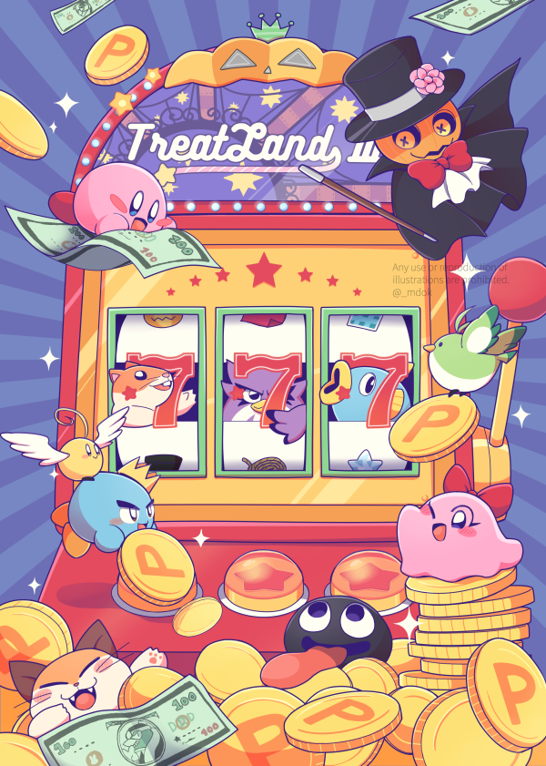 :d ;d angel_wings angie_(kirby) artist_name banknote bird black_cape black_headwear blue_background blue_eyes blush blush_stickers bow bowtie button_eyes buttons cape carrying chuchu_(kirby) closed_eyes closed_mouth coin collared_cape commentary_request coo_(kirby) crown fangs feathered_wings flower flying gooey_(kirby) hat hat_flower jack-o&#039;-lantern jack-o&#039;-lantern_head kine_(kirby) king_dedede kirby kirby&#039;s_epic_yarn kirby_(series) long_tongue midooka_(o_k_k) money nago_(kirby) nintendo no_humans one_eye_closed open_mouth pink_flower pitch_(kirby) prince_fluff red_bow red_bowtie rick_(kirby) riding simple_background slot_machine smile sparkle squashini star_(symbol) sunburst sunburst_background tongue tongue_out top_hat twitter_username v-shaped_eyebrows wand watermark white_wings wings
