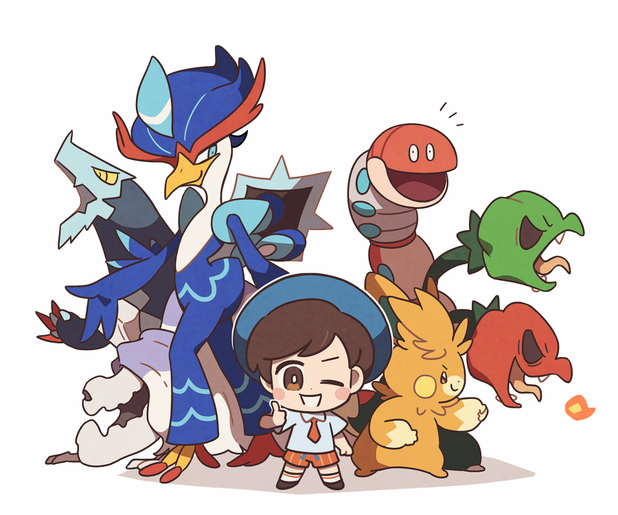 1boy ;d baxcalibur black_footwear blue_headwear brown_eyes brown_hair chibi closed_mouth collared_shirt fangs fire florian_(pokemon) grey_shirt hat houndstone looking_at_viewer male_focus multiple_heads naranja_academy_school_uniform necktie nintendo notice_lines one_eye_closed open_mouth orange_necktie orange_shorts orthworm pawmot pokemon pokemon_(creature) pokemon_sv quaquaval school_uniform scovillain shirt shoes short_hair short_sleeves shorts smile socks ssalbulre standing striped_clothes striped_shorts thumbs_up tongue tongue_out vertical-striped_clothes vertical-striped_shorts white_socks