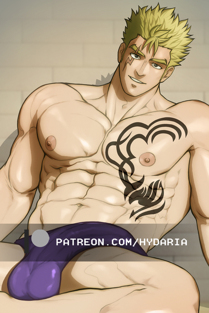 1boy abs bara blonde_hair briefs bulge chest_tattoo cowboy_shot erection erection_under_clothes fairy_tail head_tilt hydaria large_pectorals laxus_dreyar leaning_back looking_at_viewer male_focus male_underwear medium_sideburns muscular muscular_male navel nipples paid_reward_available pectorals purple_male_underwear scar scar_across_eye scar_on_face short_hair sitting smile solo spiked_hair stomach tattoo topless_male underwear watermark