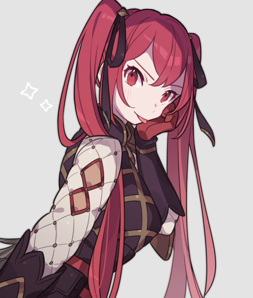 1girl :p double-parted_bangs fire_emblem fire_emblem_fates gambeson gloves grey_background haconeri long_hair looking_at_viewer nintendo red_eyes red_gloves red_hair selena_(fire_emblem_fates) simple_background solo sparkle tongue tongue_out twintails upper_body