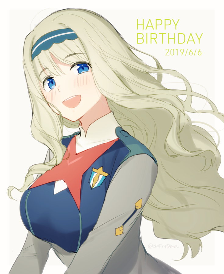 1girl blonde_hair blue_eyes blue_hairband blush breasts collar collared_jacket commentary curly_hair darling_in_the_franxx dated hair_between_eyes hairband happy_birthday jacket kokoro_(darling_in_the_franxx) long_hair long_sleeves looking_at_viewer military military_uniform open_mouth simple_background smile solo toma_(norishio) upper_body white_background