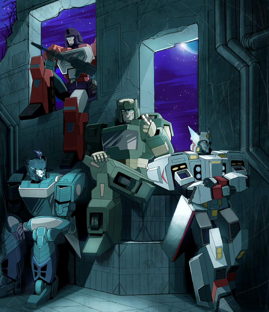 blurr_(transformers) chawan_mushi_(twotenjack11) cigar drift_(transformers) gun kup_(transformers) no_humans perceptor_(transformers) rifle the_transformers_(idw) transformers weapon
