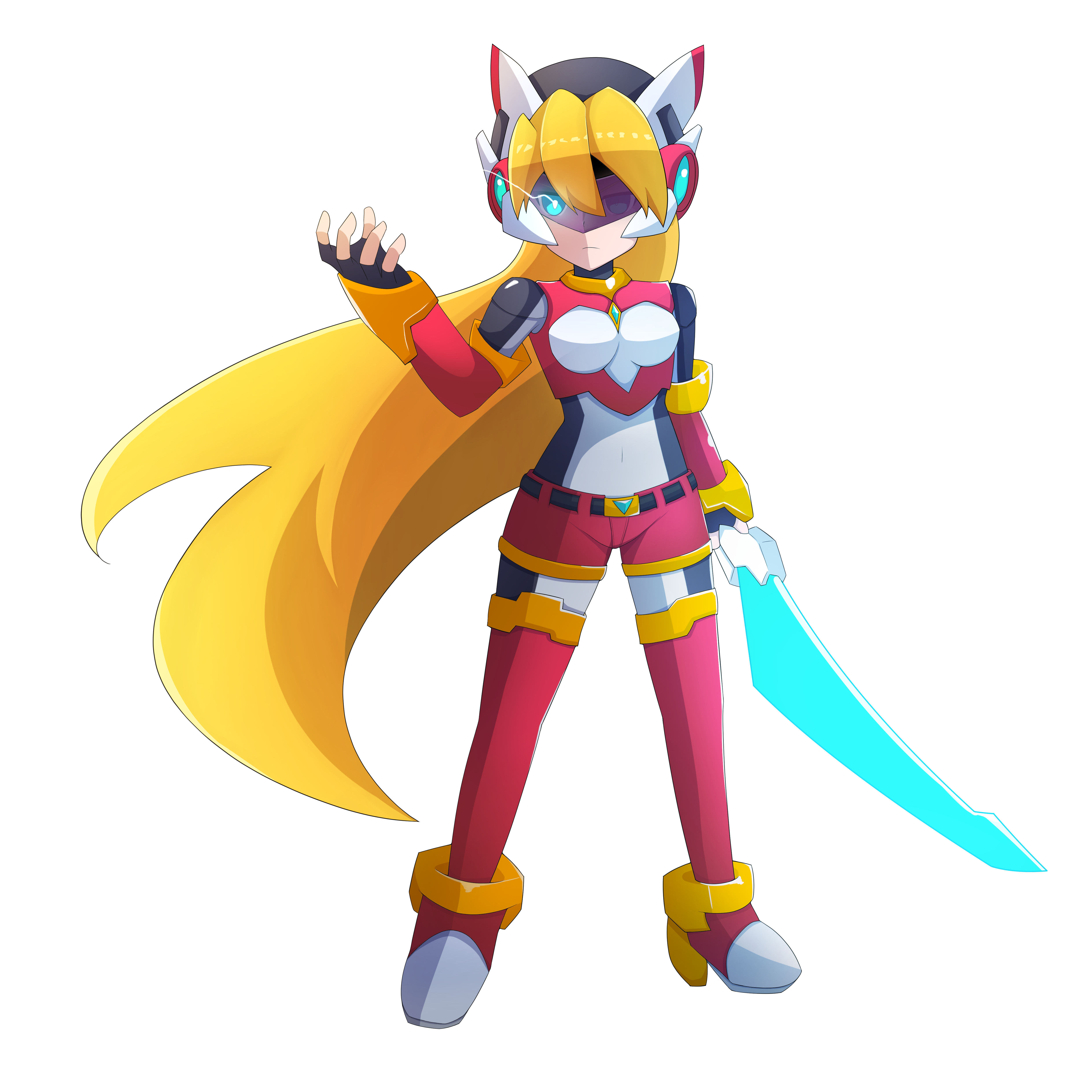 1girl absurdres alternate_costume alternate_hairstyle armor energy_sword belt blonde_hair bodystocking boots breasts chest_jewel ciel_(mega_man) commission commissioner_upload elbow_gloves energy_sword full_body gloves glowing glowing_eye helmet highres holding holding_weapon long_hair looking_at_viewer mechanical_ears mega_man_(series) mega_man_zero_(series) mega_man_zx model_z_(mega_man) non-web_source rytopen shorts small_breasts sword thigh_boots transparent_background weapon