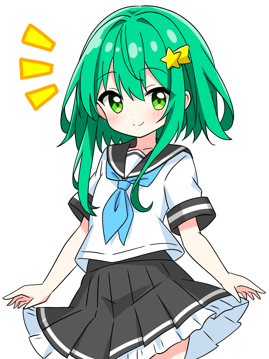 1girl black_sailor_collar black_skirt blue_neckerchief blush closed_mouth commentary_request cowboy_shot green_eyes green_hair hair_ornament highres kotatsu-mazoku looking_at_viewer neckerchief notice_lines original pleated_skirt sailor_collar school_uniform serafuku shirt shooting_star_hair_ornament short_hair short_sleeves sidelocks simple_background skirt smile solo star_(symbol) star_hair_ornament white_background white_shirt