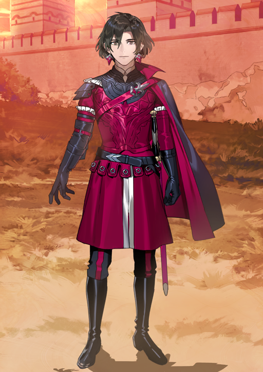 1boy armor arms_at_sides asymmetrical_sleeves belt black_belt black_boots black_gloves black_hair black_pants boots breastplate cape closed_mouth collared_cape constantine_xi_(fate) earrings expressionless fate/grand_order fate_(series) full_body game_cg gloves grey_eyes hair_between_eyes jewelry kurahana_chinatsu looking_at_viewer male_focus official_art outdoors pants red_armor red_tunic sheath sheathed short_hair side_cape solo standing straight-on sword third-party_source tunic two-sided_cape two-sided_fabric weapon