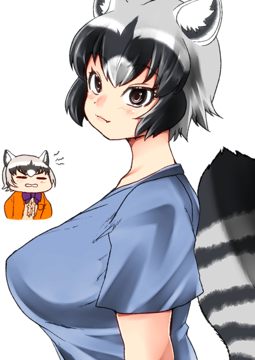 2girls alternate_hair_length alternate_hairstyle animal_ear_fluff animal_ears arms_at_sides black_hair blue_shirt bow bowtie breasts brown_eyes chibi closed_eyes collarbone common_raccoon_(kemono_friends) crab-eating_raccoon_(kemono_friends) cropped_torso eyelashes facing_another fangs from_side grey_hair highres isna_(footprintsofisna) kemono_friends large_breasts lips looking_at_viewer multicolored_hair multiple_girls raccoon_ears raccoon_girl raccoon_tail shirt short_hair short_sleeves simple_background smile tail tented_shirt upper_body white_background white_hair