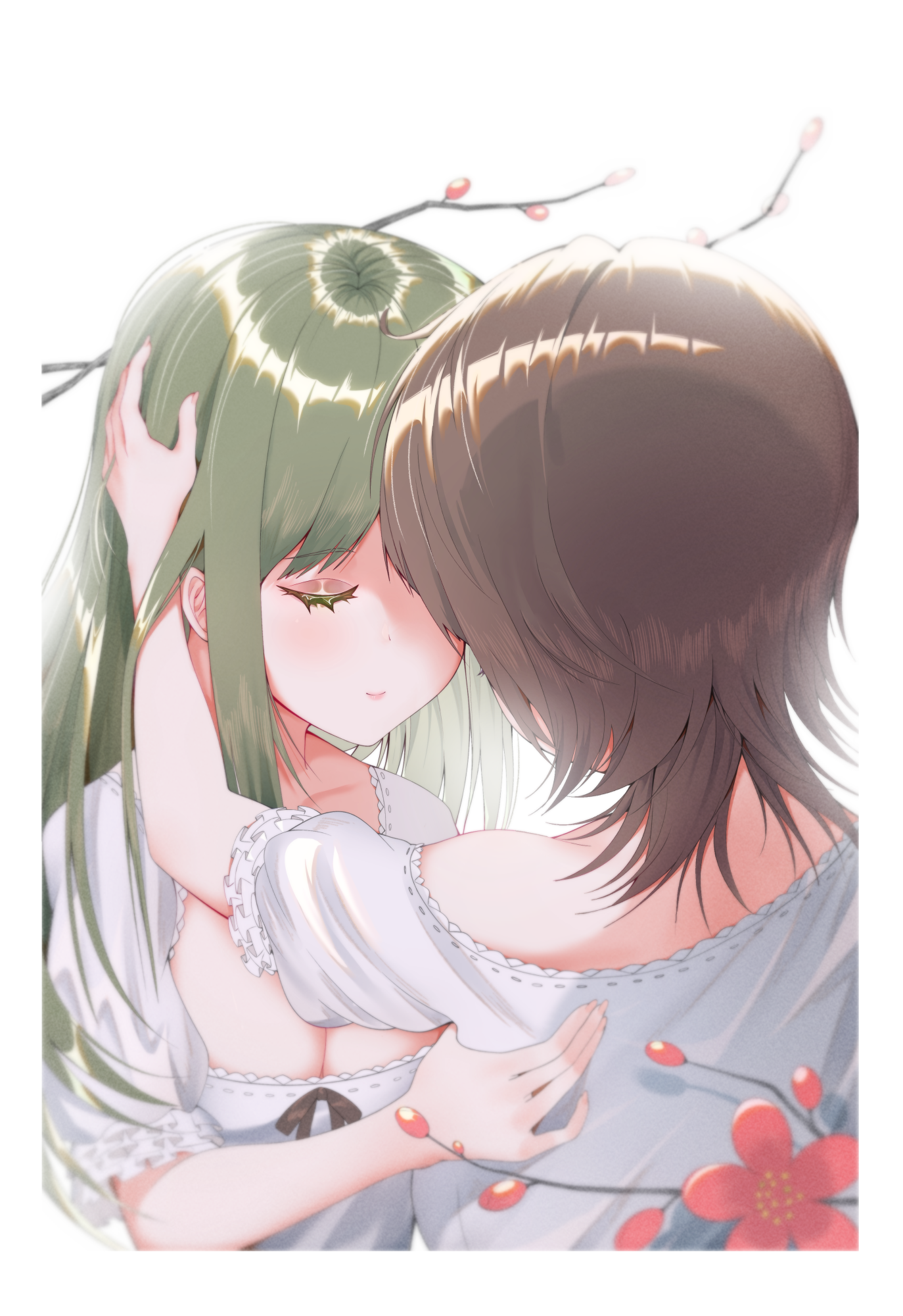 2girls branch breasts brown_hair cleavage closed_eyes closed_mouth commentary_request dress flower flowers_(innocent_grey) green_hair hand_on_another&#039;s_head highres jiaxi_daze long_hair medium_breasts medium_hair multiple_girls off_shoulder red_flower short_sleeves takasaki_chidori white_dress yaegaki_erika yuri