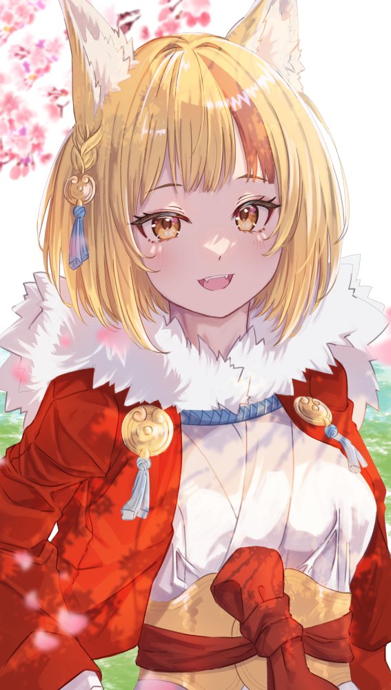 1girl animal_ear_fluff animal_ears breasts cherry_blossoms eyelashes fangs fire_emblem fire_emblem_fates fox_ears fox_girl fur-trimmed_jacket fur-trimmed_kimono fur_trim fuussu_(21-kazin) hair_ornament jacket japanese_clothes kimono kitsune light_blush looking_at_viewer multicolored_hair nintendo open_mouth red_sash rope sash selkie_(fire_emblem) shaded_face small_breasts solo streaked_hair tail two-tone_hair yellow_eyes