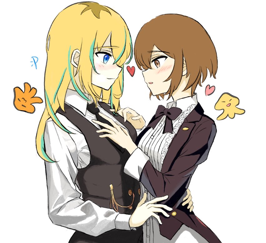 2girls black_bow black_bowtie black_necktie black_vest blonde_hair blue_eyes blush bow bowtie breasts brown_eyes brown_hair chinese_commentary closed_mouth collared_shirt commentary_request dress_shirt eye_contact green_hair hair_between_eyes hand_on_another&#039;s_chest heart kouzuki_mahiru long_hair long_sleeves looking_at_another medium_breasts momokan_1209 multicolored_hair multiple_girls necktie open_mouth roots_(hair) shirt short_hair sidelocks simple_background streaked_hair upper_body vest white_background white_shirt yamanouchi_kano yoru_no_kurage_wa_oyogenai yuri