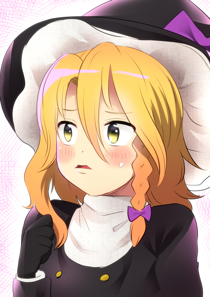 1girl black_coat black_gloves black_hat blonde_hair blush bow braid buttons coat commentary_request cookie_(touhou) crosshatching frilled_hat frills gloves hair_between_eyes hair_bow hat hatching_(texture) kirisame_marisa long_bangs long_hair looking_afar meis_(terameisu) open_mouth purple_bow rei_(cookie) side_braid single_braid solo touhou upper_body white_background witch_hat yellow_eyes