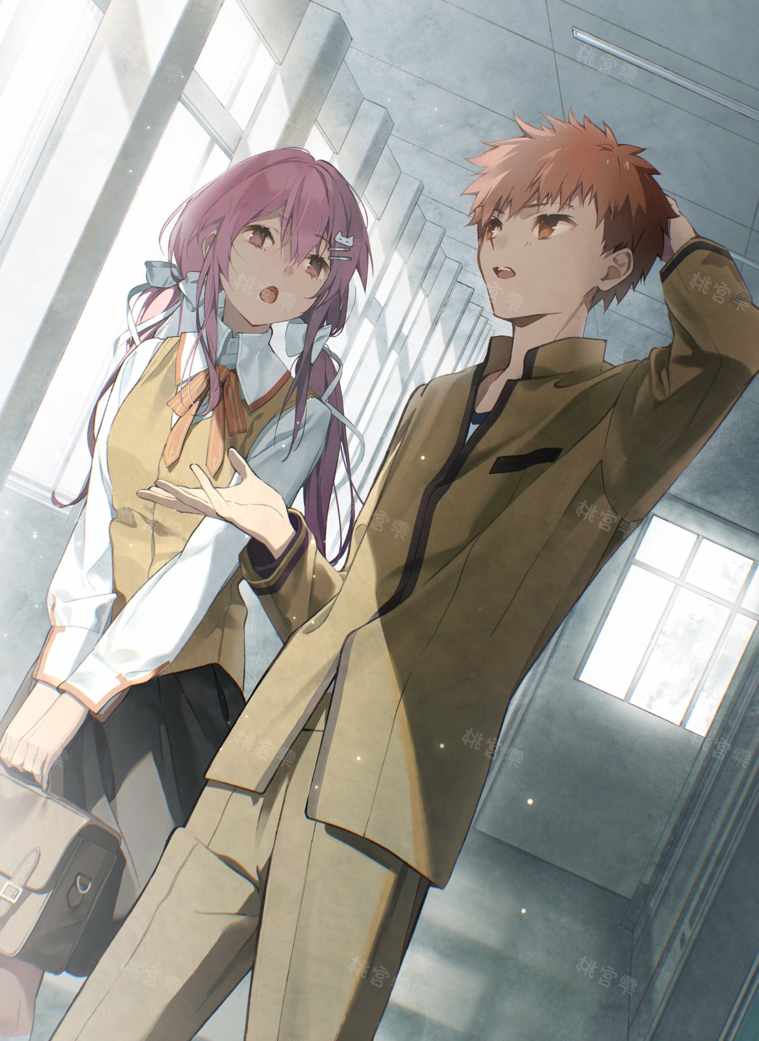 1boy 1girl black_skirt blush bow breaker_gorgon breasts brown_vest building ceiling couple cross cross_print emiya_shirou fate/stay_night fate_(series) hair_ornament hair_ribbon hallway highres homurabara_academy_school_uniform igote long_hair long_sleeves momomiya_shizuku_(gaoyue_jixiang) neck_ribbon oc_x_canon open_mouth orange_hair original pastels pink_eyes pink_hair print_ribbon raglan_sleeves red_hair red_ribbon ribbon salon school school_uniform shirt skirt solo twintails two_side_up vest