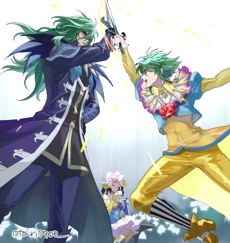 1boy 2girls asellus_(saga_frontier) cape closed_mouth dress flower gloves green_hair ildon indesign long_hair multiple_girls open_mouth princess_white_rose red_flower red_rose rose saga saga_frontier short_hair sword weapon