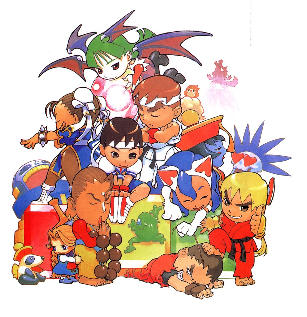 1990s_(style) 4boys 6+girls animal_ears animal_hands animal_print anita_(darkstalkers) bat_print bat_wings beads bengus black_eyes black_hair blonde_hair blue_hair blue_sailor_collar blue_skin boots breasts brown_eyes brown_hair bun_cover capcom cat_ears chibi china_dress chinese_clothes chun-li cloud colored_skin crossover demon_girl donovan_baine double_bun dress egg elbow_gloves everyone felicia_(darkstalkers) fingerless_gloves frog jon_talbain gloves green_eyes green_hair hair_bun hat head_wings headband heart hibiki_dan howling ikeno_daigo jewelry kasugano_sakura ken_masters hsien-ko long_hair montain morrigan_aensland mountain multiple_boys multiple_girls necklace official_art panda panties pantyhose pelvic_curtain print_legwear puzzle_fighter red_eyes red_hair retro_artstyle ryu_(street_fighter) sailor_collar school_uniform serafuku short_hair sitting skirt socks street_fighter street_fighter_i street_fighter_ii_(series) street_fighter_zero_(series) thighhighs thighs underwear darkstalkers wings lord_raptor