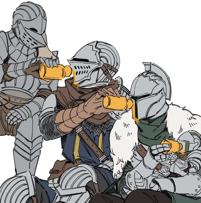 4others ambiguous_gender armor ashen_one_(dark_souls) baby bearer_of_the_curse black_pants brown_gloves chocytd chosen_undead dark_souls_(series) dark_souls_i dark_souls_ii dark_souls_iii demon&#039;s_souls estus_flask facing_another feeding full_armor gloves helm helmet invisible_chair multiple_others pants pouch simple_background sitting slayer_of_demons white_background