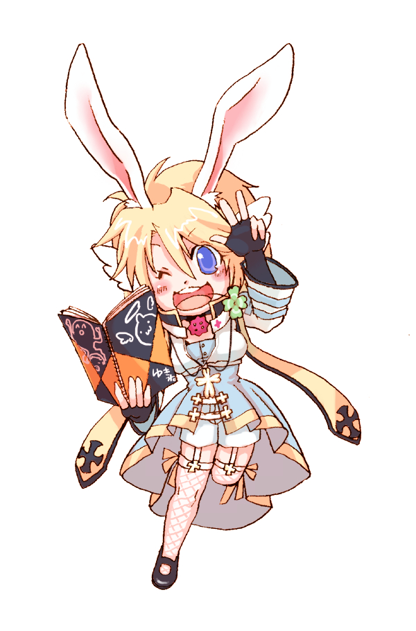 1girl animal_ears arch_bishop_(ragnarok_online) black_gloves black_shoes blonde_hair blue_coat blue_eyes blush book breasts clover coat commentary_request cropped_jacket cross cross_necklace cross_of_prontera crossdressing crossdressing_(ftm) feathered_wings fingerless_gloves fishnet_thighhighs fishnets four-leaf_clover full_body gloves head_wings holding holding_book jacket jewelry long_sleeves mary_janes medium_breasts necklace one_eye_closed open_mouth rabbit_ears rabbit_girl ragnarok_online reverse_trap shoes short_hair simple_background smile solo standing standing_on_one_leg thighhighs w white_background white_jacket white_thighhighs white_wings wings yukimushi