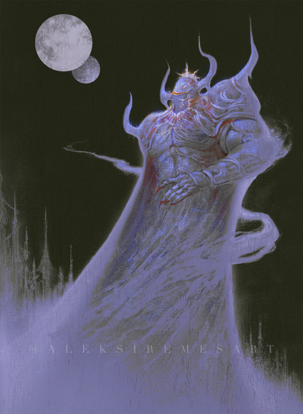 1boy aleksi_remes armor black_armor black_background blending cape claws commentary english_commentary fake_horns final_fantasy final_fantasy_iv full_armor full_moon golbez helmet highres horned_helmet horns male_focus moon multiple_moons ornate_armor shoulder_spikes spikes