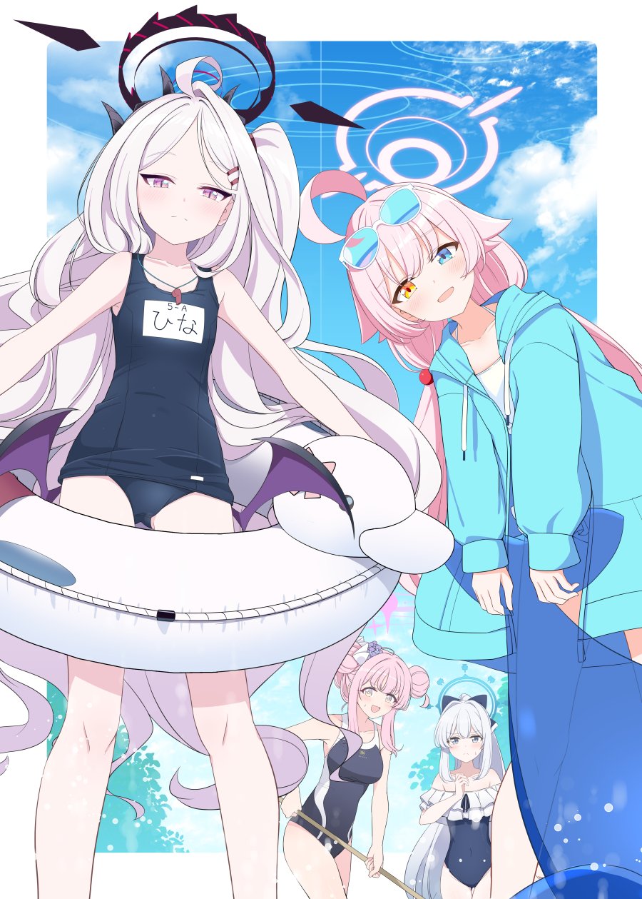 4girls :d ahoge bikini black_one-piece_swimsuit blue-tinted_eyewear blue_archive blue_jacket blue_sky blunt_bangs bow cloud cloudy_sky collarbone commentary_request demon_girl demon_horns demon_wings double_bun eyewear_on_head flower forehead hair_between_eyes hair_bobbles hair_bow hair_bun hair_flower hair_ornament hair_ribbon hair_scrunchie hairclip halo head_tilt heterochromia highres hina_(blue_archive) hina_(swimsuit)_(blue_archive) holding holding_mop holding_swim_ring horns hoshino_(blue_archive) hoshino_(swimsuit)_(blue_archive) hoshino_ouka innertube jacket leaning_forward long_hair long_sleeves looking_at_viewer mika_(blue_archive) miyako_(blue_archive) miyako_(swimsuit)_(blue_archive) mop multiple_girls name_tag official_alternate_costume official_alternate_hairstyle old_school_swimsuit one-piece_swimsuit open_clothes open_jacket open_mouth outdoors parted_bangs pink_hair purple_eyes ribbon school_swimsuit scrunchie sidelocks sky smile stuffed_whale sunglasses surprised sweatdrop swim_ring swimsuit tinted_eyewear wavy_hair whistle whistle_around_neck white_bikini white_hair white_innertube wings