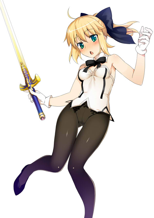 1girl ahoge artoria_pendragon_(fate) bare_shoulders black_pantyhose blonde_hair blush bow caliburn_(fate) cameltoe chestnut_mouth crotch_seam detached_collar fate/grand_order fate/stay_night fate/unlimited_codes fate_(series) female_focus gloves green_eyes hair_bow namonashi open_mouth panties panties_under_pantyhose pantyhose ponytail saber_(fate) saber_lily shiny_clothes short_hair solo strapless sword underwear weapon