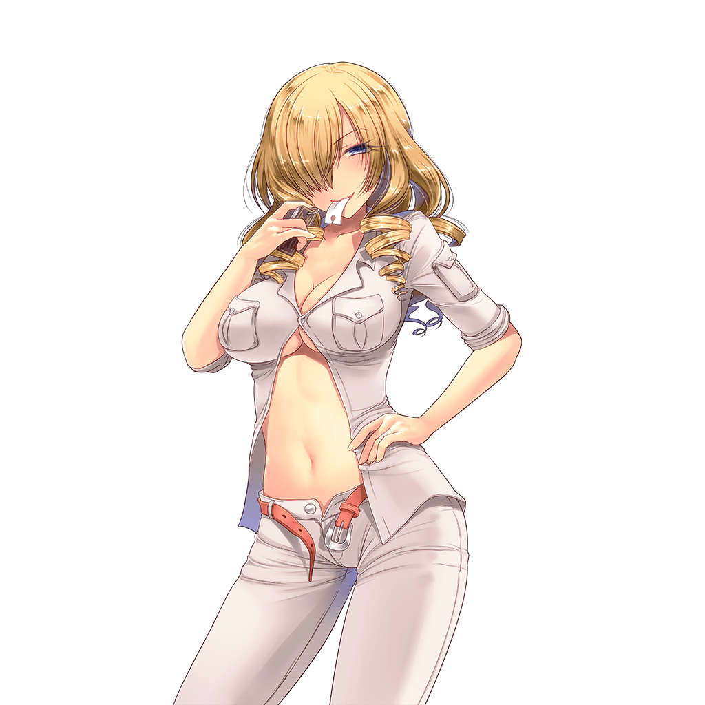 108_gou 1girl belt blonde_hair blouse blue_eyes blush breast_pocket breasts cleavage collarbone cowboy_shot drill_hair drill_sidelocks eyelashes female_focus hair_over_one_eye hand_on_own_hip large_breasts legs_apart long_hair looking_at_viewer midriff mouth_hold navel no_bra open_belt open_clothes open_fly open_shirt oriana_thomason paper pocket shirt sidelocks simple_background sleeves_rolled_up smile solo standing stomach toaru_majutsu_no_index transparent_background uchi_no_hime-sama_ga_ichiban_kawaii unbuckled unbuttoned underboob