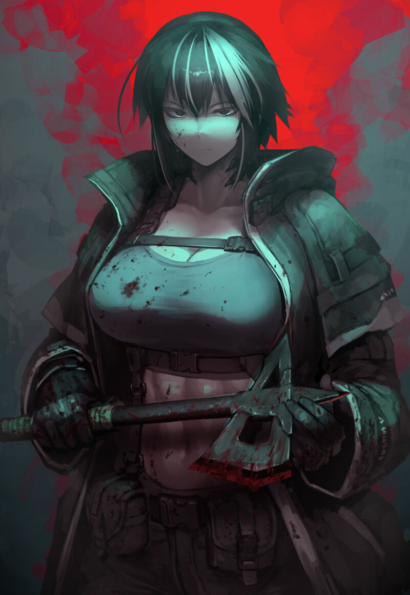 1girl abs axe belt belt_pouch black_eyes black_gloves black_hair blood blood_on_clothes blood_on_face bloody_weapon breasts cleavage closed_mouth cowboy_shot frown gloves grey_jacket hetza_(hellshock) holding holding_axe holding_weapon jacket large_breasts long_sleeves medium_hair open_clothes open_jacket original pants pouch solo weapon