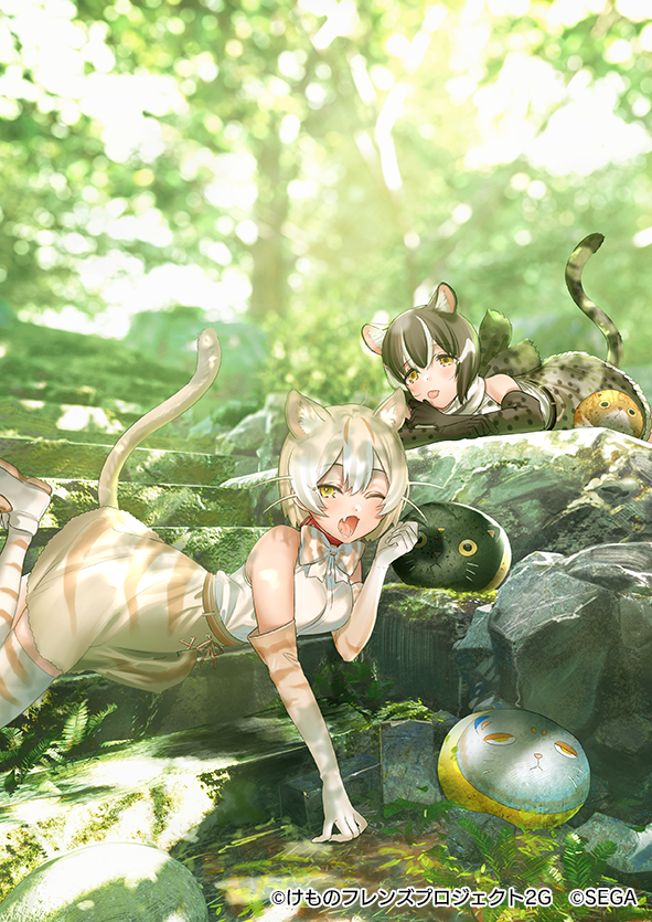 2girls ;o animal_ear_fluff animal_ears artist_request bare_shoulders black_hair blonde_hair blouse blurry blurry_background bow bowtie cat_(kemono_friends) cat_day cat_ears cat_girl cat_tail commentary_request dappled_sunlight day depth_of_field elbow_gloves extra_ears fang gloves gradient_hair high-waist_skirt iriomote_cat_(kemono_friends) kemono_friends kemono_friends_3 kemono_friends_3:_planet_tours looking_at_viewer lying multicolored_hair multiple_girls official_art on_stomach one_eye_closed outdoors rock shirt short_hair skirt sleeveless sleeveless_shirt stairs streaked_hair sunlight tail thighhighs tongue tongue_out watermark white_hair white_shirt yellow_eyes