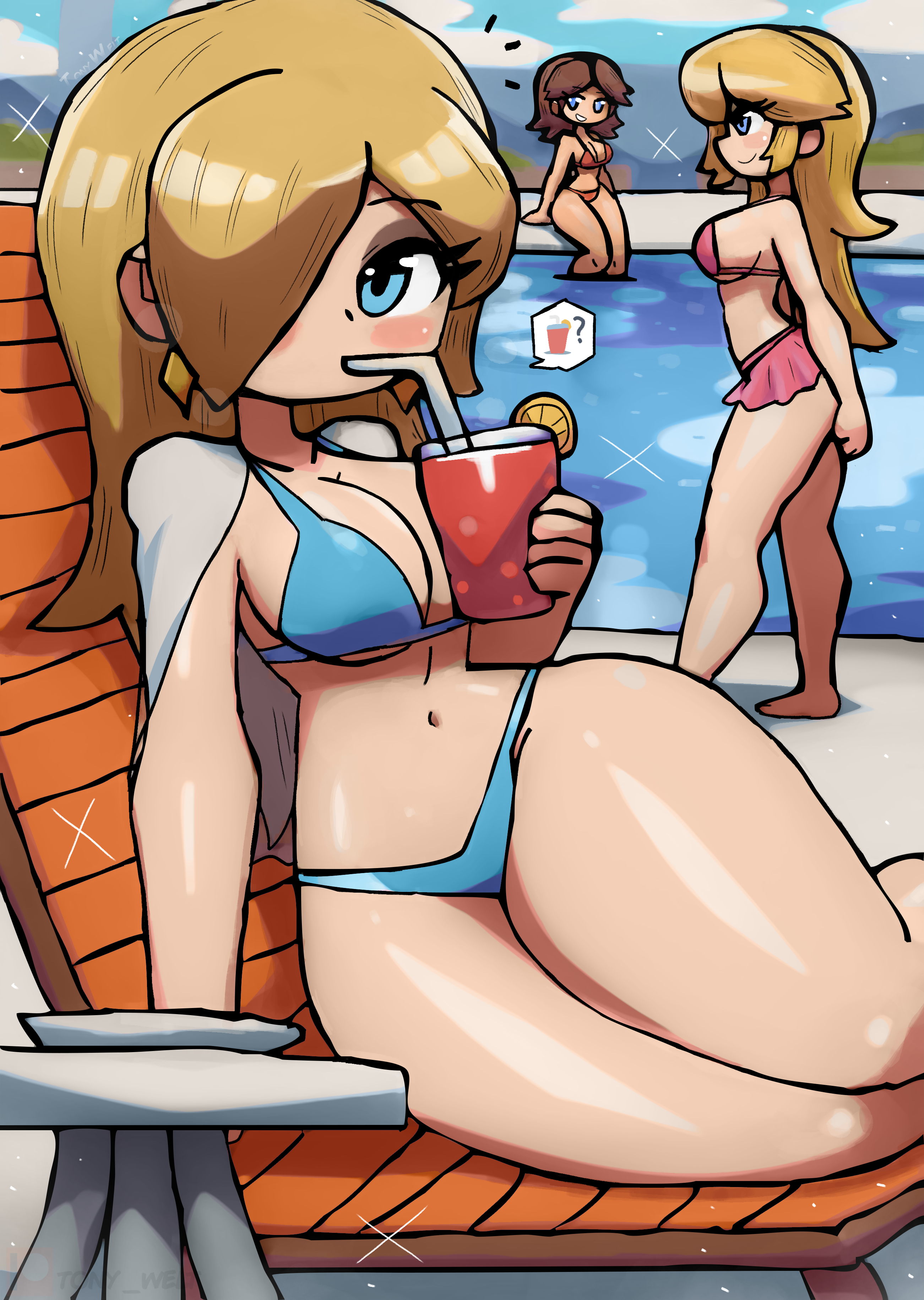 3girls ? absurdres arm_support barefoot bikini bikini_skirt blonde_hair blue_bikini blue_eyes blush breasts brown_hair chair cleavage cloud collarbone cup drink drinking drinking_glass earrings food fruit grin hair_over_one_eye highres holding holding_drink jewelry large_breasts lemon lemon_slice long_hair looking_at_viewer mario_(series) multiple_girls navel nintendo open_clothes open_shirt orange_bikini pink_bikini pool princess_daisy princess_peach rosalina shirt sideboob sitting sky smile sparkle speech_bubble spoken_drink spoken_food spoken_question_mark standing super_mario_bros._1 super_mario_galaxy super_mario_land swimsuit teeth thick_thighs thighs tony_welt tropical_drink underboob water white_shirt wide_hips