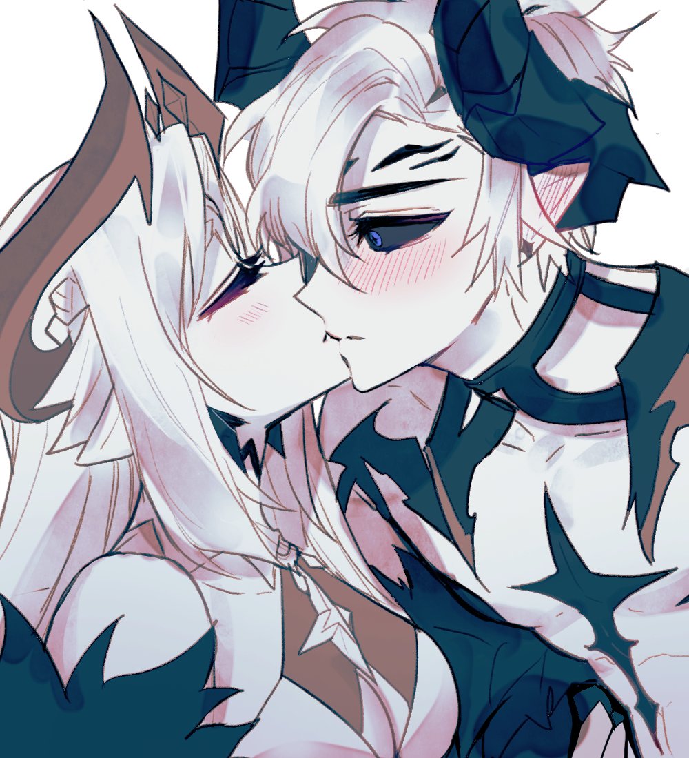 1boy 1girl annuller_(elsword) black_sclera blue_eyes blush ciel_(elsword) closed_eyes colored_sclera elsword grey_hair horns ishtar_(elsword) kiss long_hair looking_at_another luciela_r._sourcream mme12165 short_hair simple_background upper_body white_background