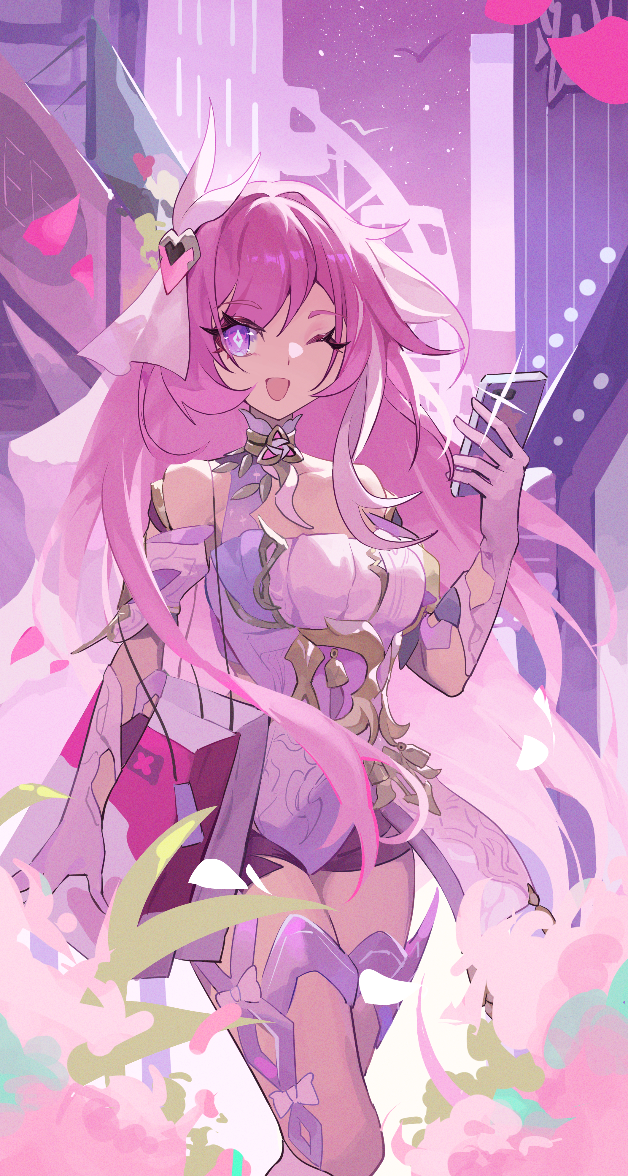 1girl :d absurdres bag bare_shoulders black_shorts breasts building cleavage elbow_gloves elysia_(herrscher_of_human:_ego)_(honkai_impact) elysia_(honkai_impact) falling_petals gloves hair_between_eyes highres holding holding_bag holding_phone honkai_(series) honkai_impact_3rd large_breasts legs long_hair looking_at_viewer one_eye_closed open_mouth outdoors petals phone pink_eyes pink_hair pink_sky shirt shopping_bag short_shorts shorts sky smile solo thigh_strap triquetra veil very_long_hair white_gloves white_shirt white_veil xinliu_asato