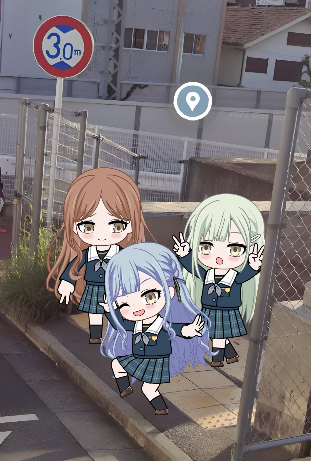3girls :o ;d arm_up arms_up bang_dream! bang_dream!_it's_mygo!!!!! black_socks blue_hair blush brown_eyes brown_hair buttons chibi chibi_only chinese_commentary closed_mouth commentary_request curly_hair day double_v fanged_bangs frown full_body green_hair grey_neckerchief hair_ornament hairclip hand_up happy high_school_girls_posing_for_google_street_view_(meme) highres inward_v leg_up long_hair long_sleeves looking_at_another looking_at_viewer meme multiple_girls nagasaki_soyo neckerchief one_eye_closed open_mouth outdoors parted_bangs photo-referenced photo_background plaid_clothes plaid_skirt pleated_skirt road school_uniform skirt smile socks split_mouth standing standing_on_one_leg straight_hair street swept_bangs togawa_sakiko tsukinomori_school_uniform two_side_up v wakaba_mutsumi yan_lihua yellow_eyes