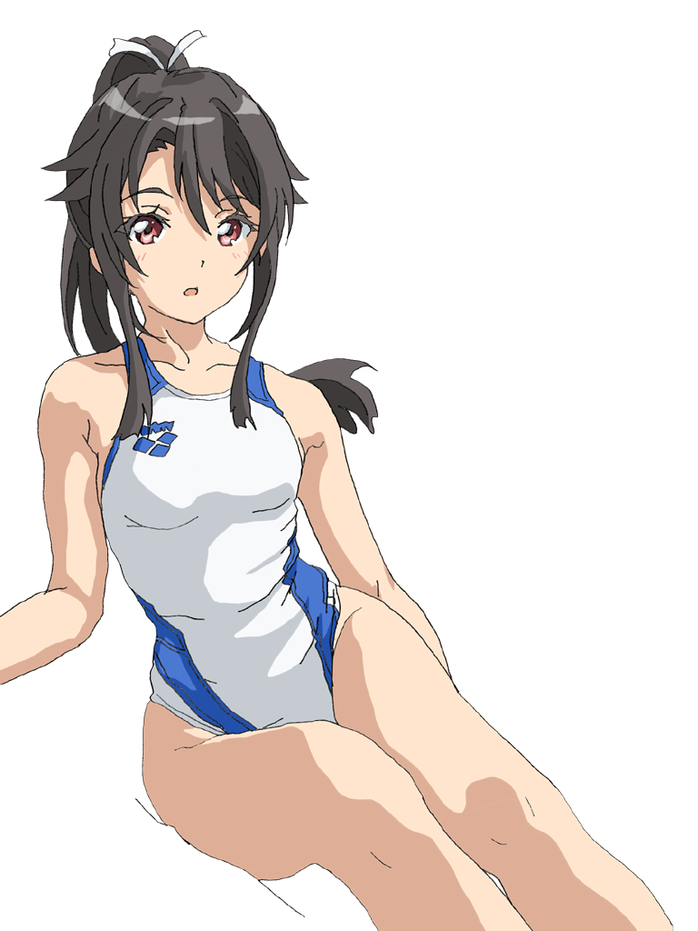1girl arena_(company) black_hair breasts collarbone competition_swimsuit feet_out_of_frame hair_ribbon hal-py high_school_fleet highleg highleg_one-piece_swimsuit invisible_chair long_hair looking_at_viewer medium_breasts munetani_mashiro one-piece_swimsuit ponytail red_eyes ribbon sidelocks simple_background sitting solo swimsuit two-tone_swimsuit white_background white_one-piece_swimsuit