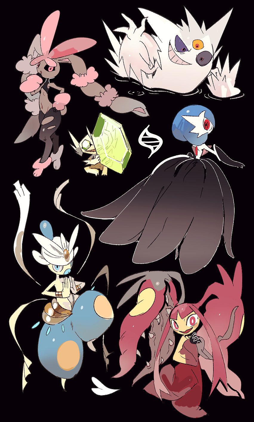 alternate_color black_background black_dress black_eyes black_sclera blue_hair bright_pupils brown_fur colored_sclera colored_skin commentary dress gardevoir gen_1_pokemon gen_3_pokemon gen_4_pokemon gengar highres homilmugi looking_at_viewer lopunny mawile medicham mega_evolution_symbol mega_gardevoir mega_gengar mega_lopunny mega_mawile mega_medicham mega_pokemon mega_sableye navel nintendo pink_eyes pokemon pokemon_(creature) purple_sclera red_eyes sableye sharp_teeth shiny_pokemon simple_background standing standing_on_one_leg teeth third_eye white_pupils white_skin yellow_sclera