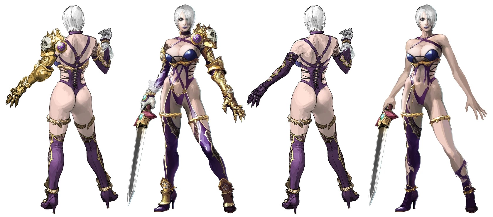 1girl armor ass back bare_arms bare_shoulders boots breasts reference_sheet closed_mouth concept_art curvy detached_collar earrings full_body gauntlets gloves hair_over_one_eye highleg highleg_leotard highres holding holding_sword holding_weapon huge_ass isabella_valentine jewelry large_breasts leotard lipstick looking_at_viewer makeup multiple_views navel official_art parted_lips purple_leotard revealing_clothes shiny_skin short_hair shoulder_pads simple_background smile soul_calibur soulcalibur soulcalibur_iv sword thighhighs thong_leotard turnaround underboob unworn_armor weapon whip_sword white_background white_hair wide_hips
