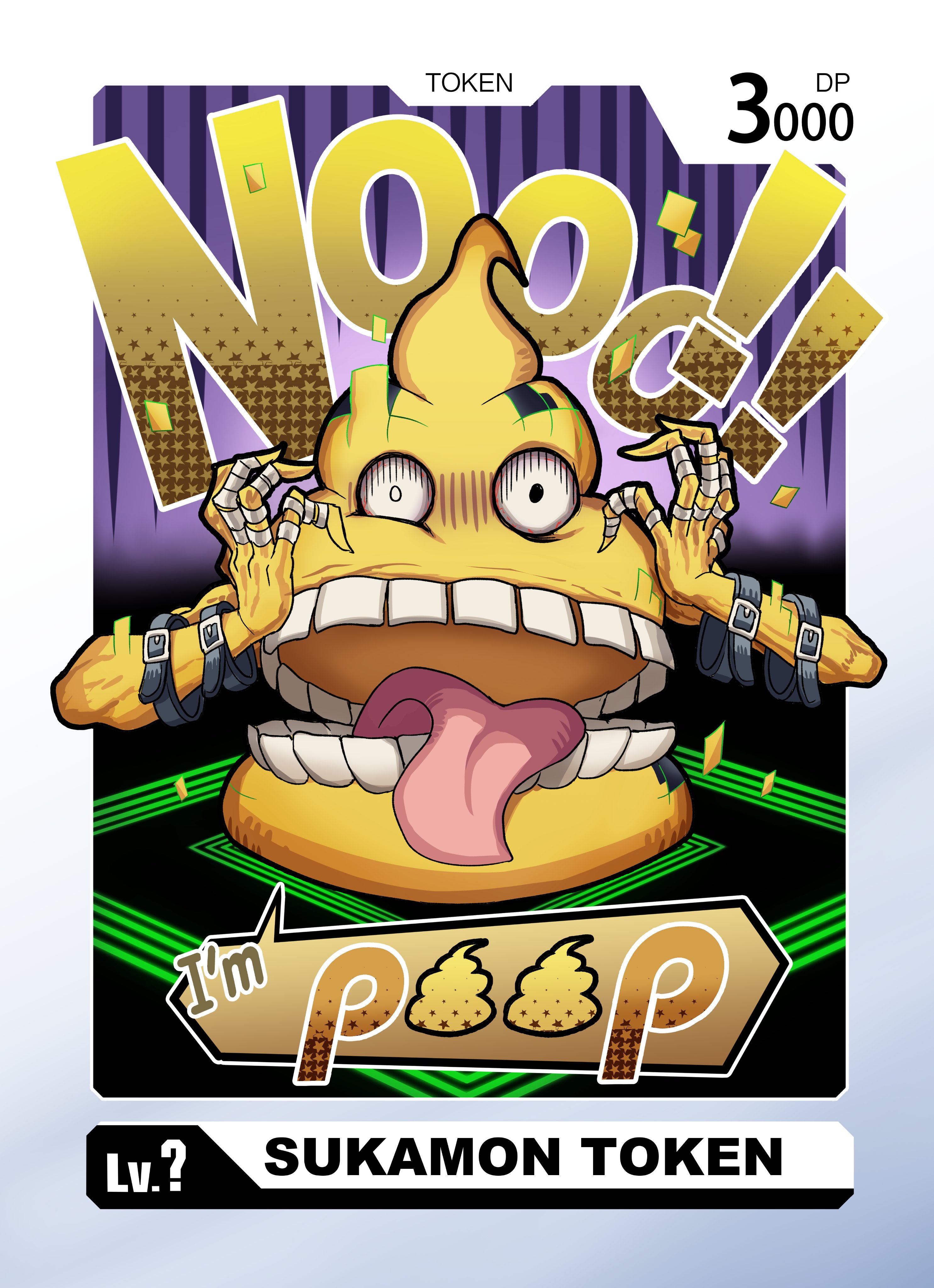 absurdres belt digimon digimon_(creature) digimon_card_game highres looking_at_viewer scumon solo surprised token_(tcg) tongue tongue_out