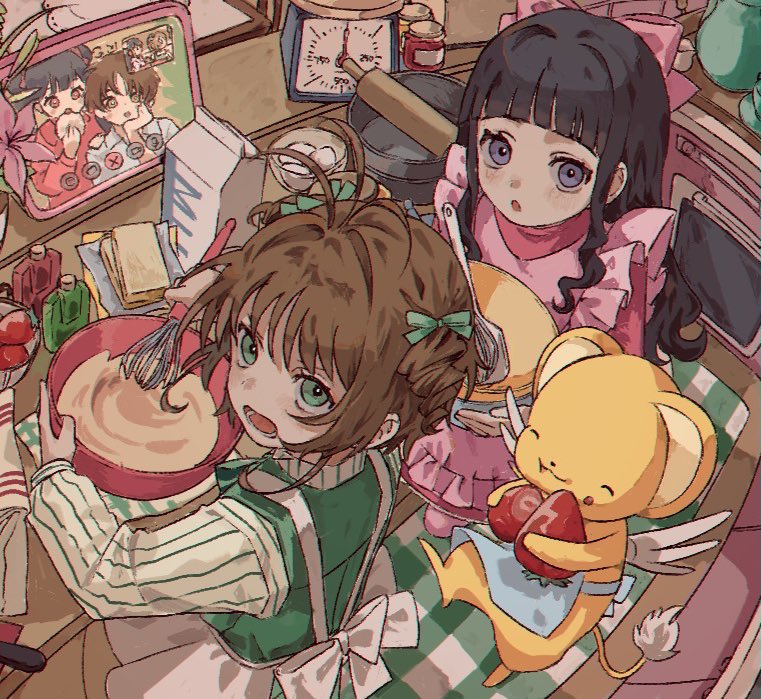 2girls apron black_hair brown_hair cardcaptor_sakura cooking daidouji_tomoyo daidouji_tomoyo_(chef:_tomoyo) dress eating food fruit green_dress green_eyes grey_eyes indoors kero_(cardcaptor_sakura) kinomoto_sakura kinomoto_sakura_(shopgirl:_mint) kitchen li_meiling li_syaoran long_hair milk mixing_bowl multiple_girls pink_dress short_hair strawberry tomoja_rs whisk