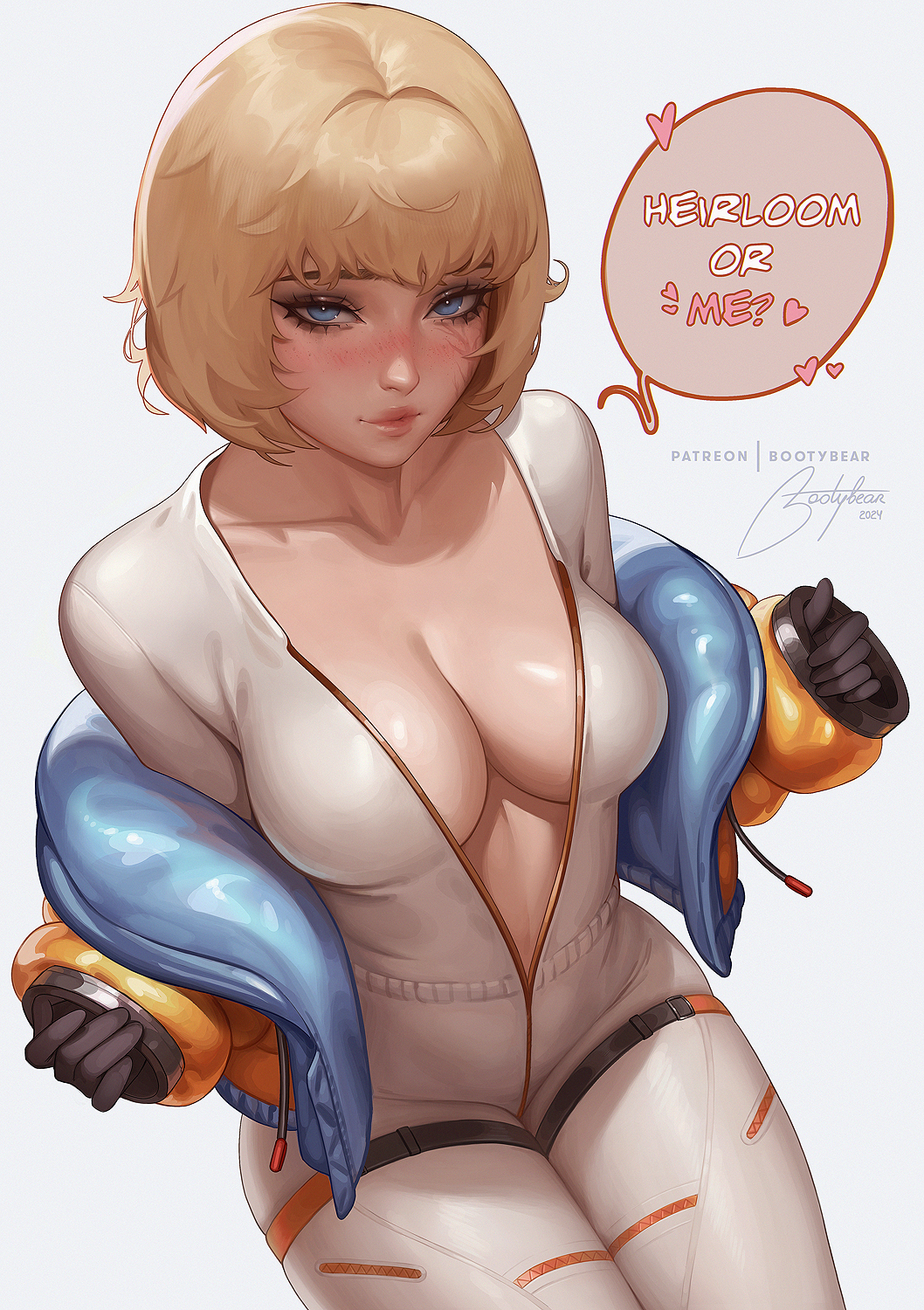 1girl apex_legends black_gloves blonde_hair blue_eyes blush bodysuit bootybear breasts collarbone english_text gloves highres invisible_chair jacket large_breasts lips looking_at_viewer no_bra orange_jacket patreon_username scar scar_on_face sitting solo speech_bubble two-sided_fabric two-sided_jacket unzipped wattson_(apex_legends) white_bodysuit