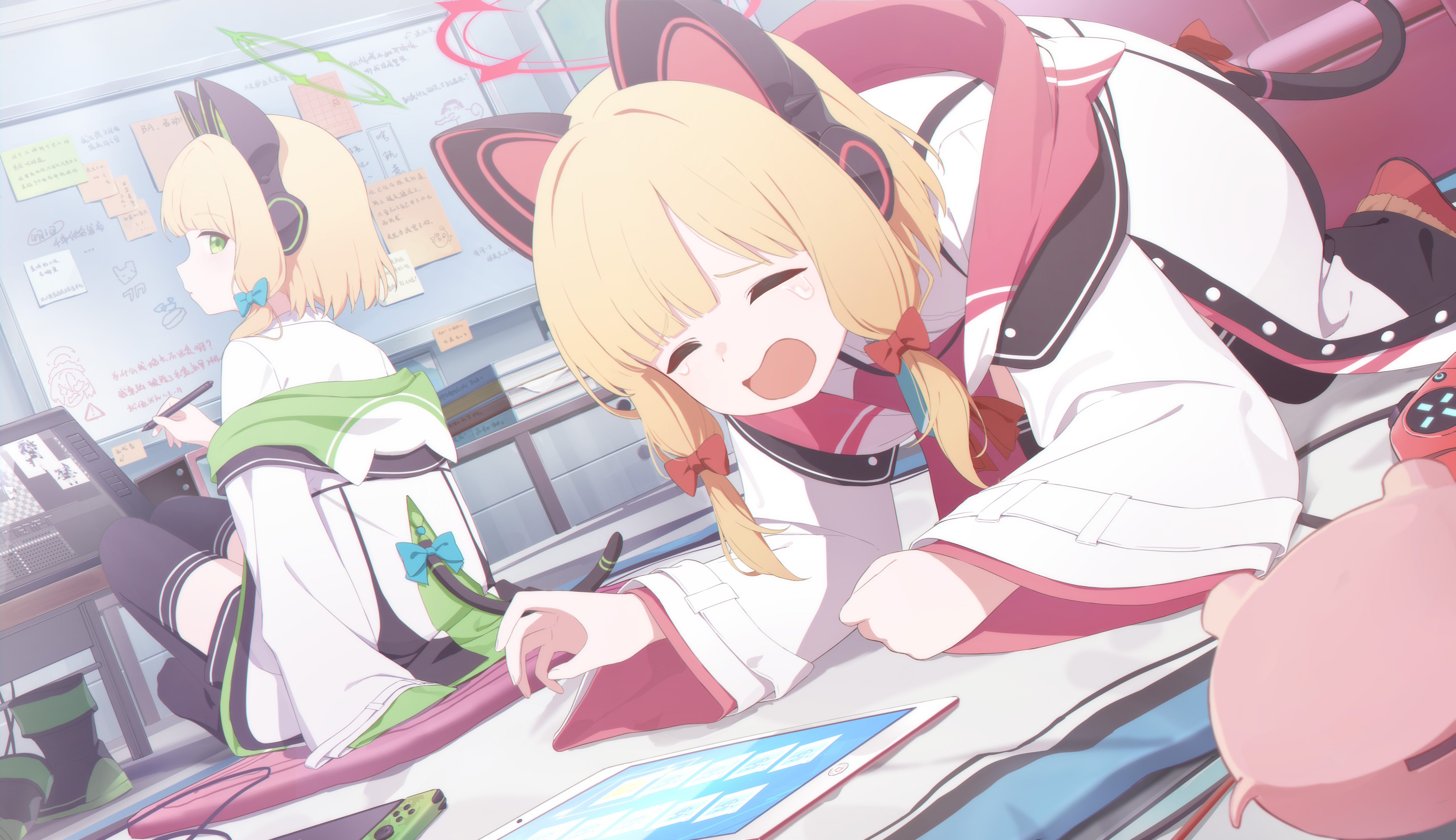 2girls absurdres animal_ear_headphones animal_ears black_thighhighs blonde_hair blue_archive blue_necktie cat_tail closed_eyes fake_animal_ears green_eyes green_halo halo headphones highres holding holding_stylus indoors jacket long_sleeves midori_(blue_archive) momoi_(blue_archive) multiple_girls necktie open_mouth pink_halo shirt short_hair siblings sisters soeyumi stylus tail thighhighs twins white_jacket white_shirt