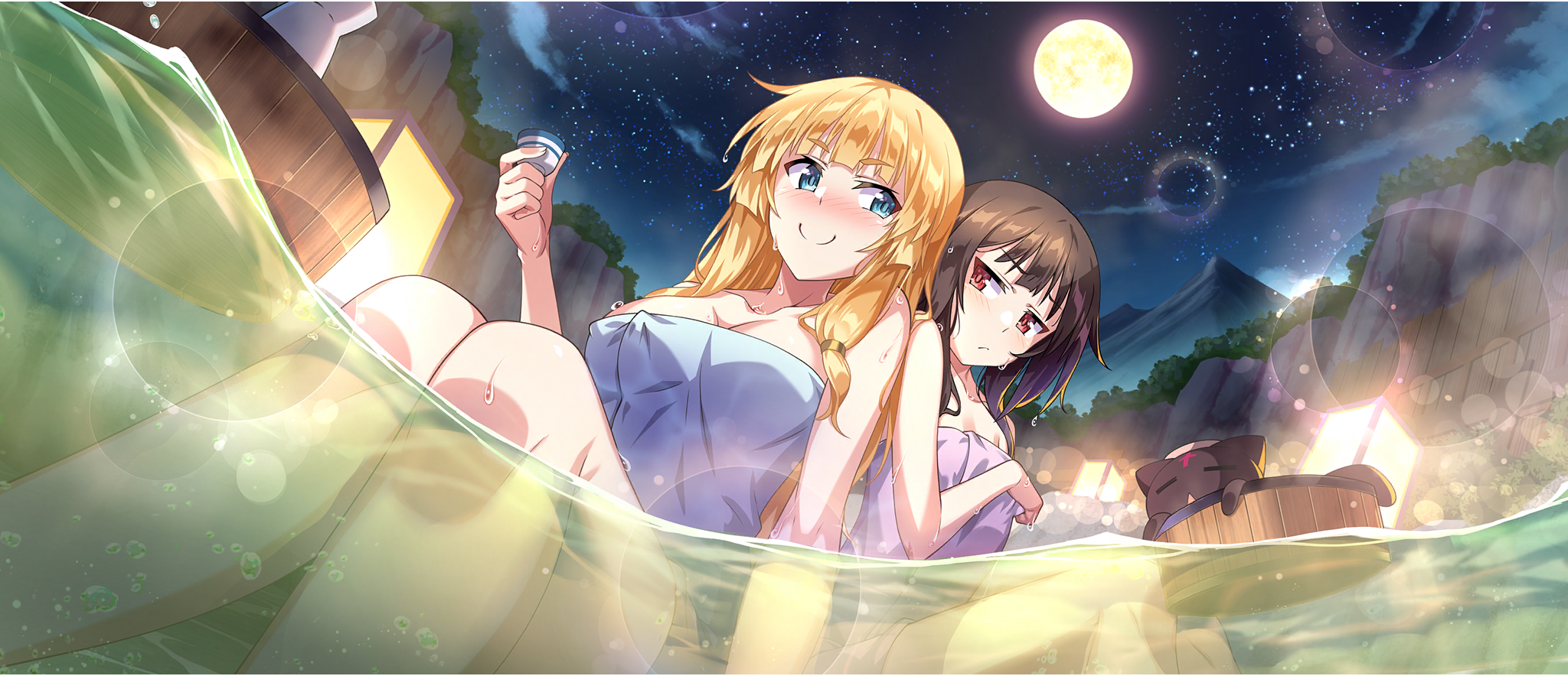 2girls arm_support black_cat blonde_hair blue_eyes blunt_bangs blush breasts brown_hair bucket c: cat cecily_(konosuba) choko_(cup) chomusuke cleavage collarbone cup from_below full_moon game_cg hair_tie hand_up highres holding holding_cup in_bucket in_container knees_together_feet_apart kono_subarashii_sekai_ni_shukufuku_wo! konosuba!_fantastic_days lantern large_breasts long_hair looking_at_another low-tied_sidelocks megumin moon multiple_girls naked_towel night night_sky nose_blush official_alternate_costume official_art onsen outdoors partially_submerged partially_underwater_shot red_eyes same-sex_bathing shared_bathing short_hair short_hair_with_long_locks sidelocks sitting sky small_breasts smile star_(sky) starry_sky steam tokkuri towel water waves wet wooden_bucket
