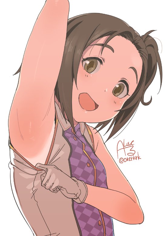 1girl argyle_clothes argyle_shirt arm_up armpits blush breasts brown_eyes brown_hair clothes_pull dot_nose from_side gloves idolmaster idolmaster_cinderella_girls idolmaster_cinderella_girls_starlight_stage looking_at_viewer one_side_up open_mouth rkrk shirt shirt_pull short_hair side_ponytail signature simple_background sleeveless sleeveless_shirt small_breasts smile solo tan tanline twitter_username two-tone_shirt upper_body white_background white_gloves yanase_miyuki