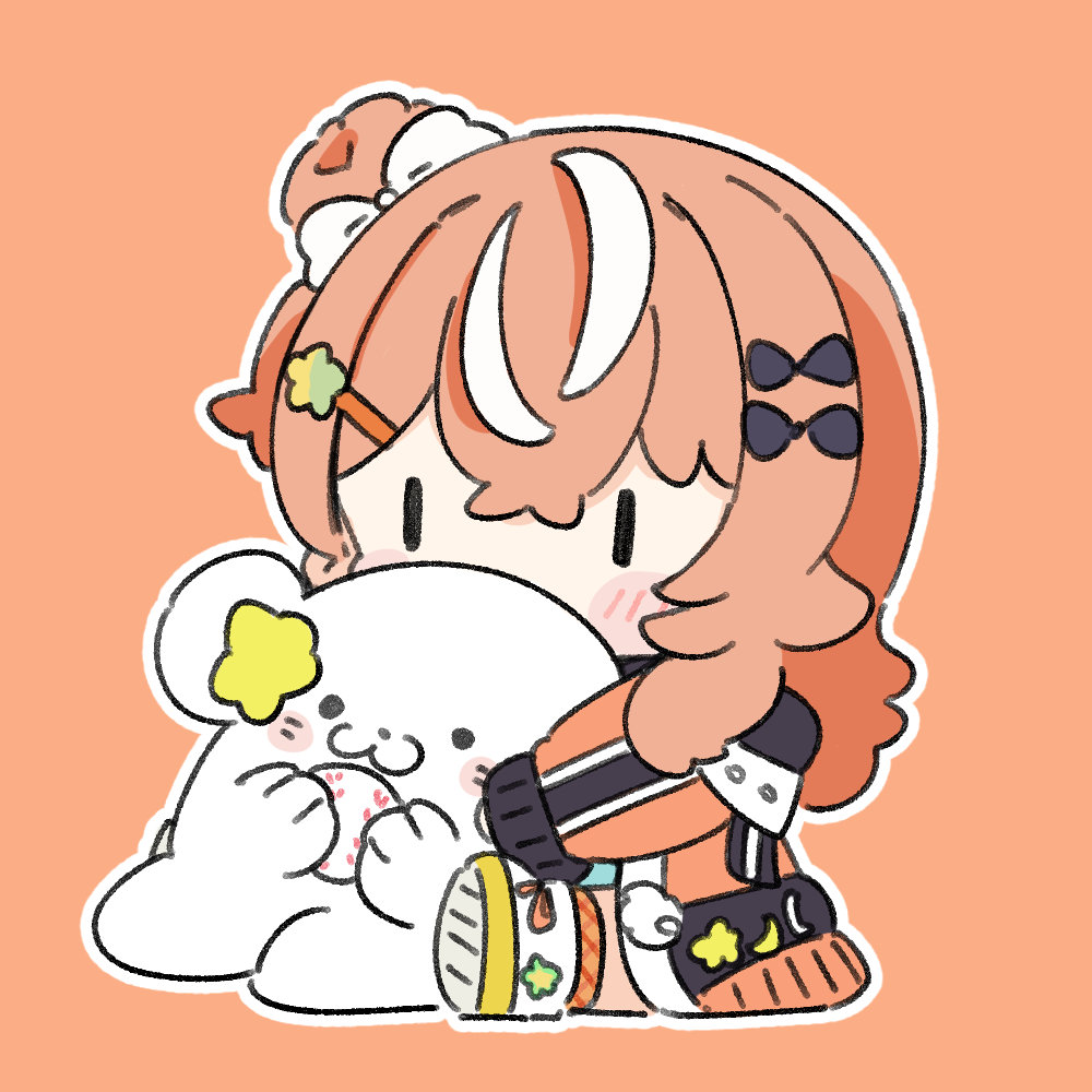 1girl animal ball baseball_(object) black_bow blush_stickers bow brown_background brown_hair brown_jacket brown_socks chibi commentary covered_mouth full_body hair_between_eyes hair_bow hair_bun hair_ornament igarashi_rika igarashi_rika_(1st_costume) jacket long_sleeves multicolored_hair nijisanji nozo_(hitomiz) one_side_up open_clothes open_jacket outline puffy_long_sleeves puffy_sleeves seal_(animal) shoes simple_background single_side_bun sitting sleeves_past_wrists socks solo star_(symbol) star_hair_ornament stitches streaked_hair virtual_youtuber white_bow white_hair white_outline white_shoes |_|