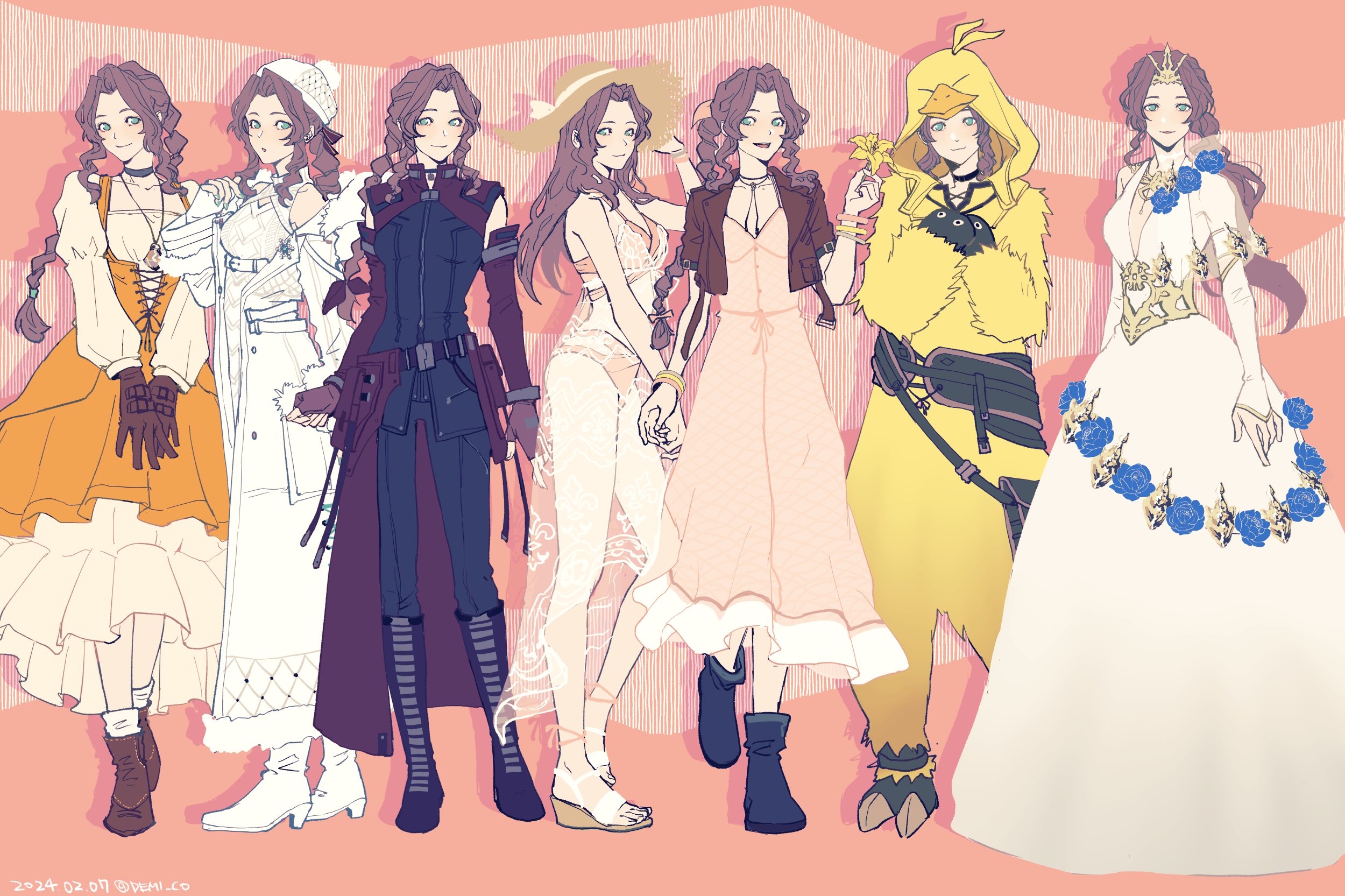 1girl aerith_gainsborough aerith_gainsborough_(chocobo_suit) aerith_gainsborough_(fairy_of_snowfall) aerith_gainsborough_(garnet's_gown) aerith_gainsborough_(prism_dress) aerith_gainsborough_(rosy_battle_suit) aerith_gainsborough_(sunny_robe) animal_hood bangle bare_shoulders belt bikini bird_hood black_bodysuit black_choker black_footwear blue_flower blue_rose bodysuit boots bracelet breasts brown_belt brown_footwear brown_gloves cable_knit cape cardigan chocobo choker cleavage_cutout closed_mouth clothing_cutout coat cosplay cropped_jacket crystal demi_co detached_sleeves dress dress_flower final_fantasy final_fantasy_vii final_fantasy_vii_ever_crisis final_fantasy_vii_remake fingerless_gloves flower flower_choker full_body fur-trimmed_coat fur_trim garnet_til_alexandros_xvii garnet_til_alexandros_xvii_(cosplay) gloves gold_trim green_eyes hair_ribbon halter_dress halterneck hands_on_own_chest happy_birthday hat high-low_skirt high_heels highres holding holding_flower hood jacket jewelry juliet_sleeves lily_(flower) long_coat long_dress long_sleeves looking_at_viewer low_ponytail medium_breasts midriff multiple_views official_alternate_costume onesie open_mouth orange_dress parted_lips pendant pink_background pink_bikini pink_dress pink_ribbon plunging_neckline ponytail puffy_long_sleeves puffy_sleeves red_cape red_jacket red_sleeves ribbon rose sandals see-through_clothes see-through_sleeves short_sleeves smile straw_hat sun_hat swimsuit tiara toeless_footwear underbust v_arms waist_cape wedge_heels white_belt white_cardigan white_coat white_dress white_footwear white_fur white_gloves white_headwear white_sleeves winter_clothes winter_coat yellow_flower