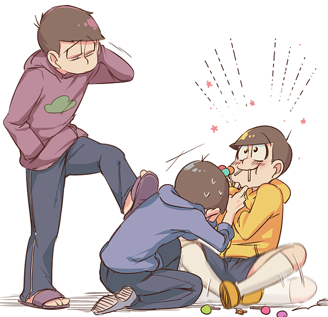 10s 3boys :t ^^^ afterimage ahoge back black_hair blue_footwear blue_pants blush brothers candy eyebrows facepalm flip-flops food food_in_mouth half-closed_eyes hand_in_pocket hand_on_own_head holding holding_another&#039;s_wrist holding_food hood hood_down hoodie indian_style knee_up kneehighs lollipop long_sleeves looking_at_another male_focus matsuno_ichimatsu matsuno_jyushimatsu matsuno_karamatsu motion_blur motion_lines mouth_hold multiple_boys osomatsu-kun osomatsu-san osomatsu_(series) pants rian_(bdl) sandals shoes shorts siblings sitting sleeves_past_wrists slippers socks standing standing_on_one_leg stepped_on sweatdrop track_pants white_background white_legwear