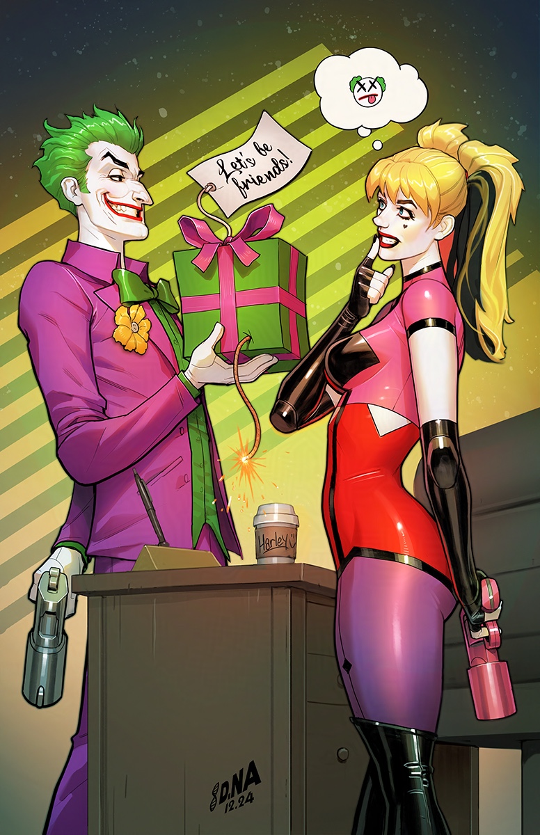 1boy 1girl alternate_costume batman_(series) black_boots black_gloves blonde_hair boots bow bowtie box breasts colored_skin david_nakayama dc_comics elbow_gloves fingerless_gloves gift gift_box gloves green_bow green_bowtie green_hair green_shirt grin harley_quinn highres holding holding_gift jacket long_hair looking_at_another medium_breasts open_clothes open_jacket pants purple_jacket purple_pants red_lips shirt short_hair smile speech_bubble standing the_joker thought_bubble white_skin