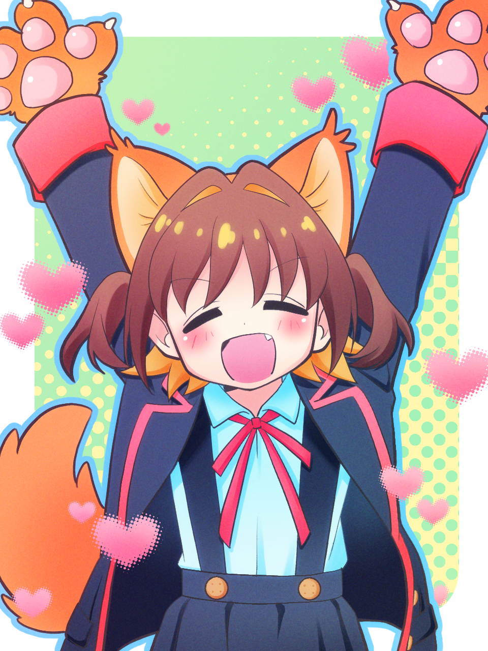 1girl :d animal_ears animal_hands arms_up black_jacket black_skirt blue_background blue_outline blush brown_hair claws colored_inner_hair commentary dog_ears dog_girl dog_tail extra_ears facing_viewer fang green_background hair_intakes halftone halftone_background happy heart highres jacket kemonomimi_mode long_sleeves multicolored_hair neck_ribbon nemu0701 oka_asahi onii-chan_wa_oshimai! open_clothes open_jacket open_mouth orange_hair outline pawpads red_ribbon ribbon shirt short_hair simple_background skirt smile solo suspender_skirt suspenders tail two-tone_hair two_side_up upper_body white_shirt wing_collar